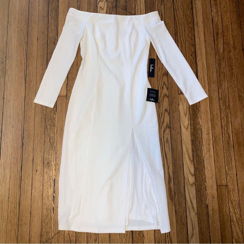 Lulus Womens White Ivory Chic Off Shoulder Long Sleeve Bodycon Dress Midi